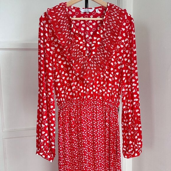 And Other Stories Frill Neck Red Love Heart L/S Midi Dress Paris Atelier, Size 6 - Picture 3 of 12